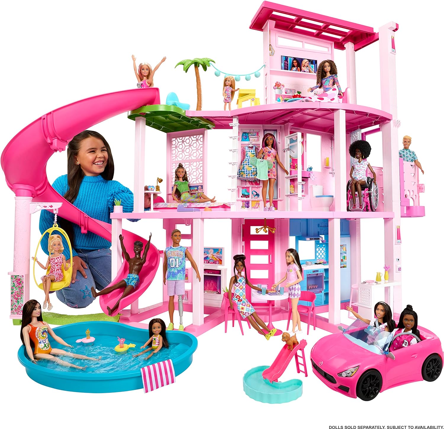 BARBIE DREAMHOUSE 2023,CASA DE MUÑECA PARA FIESTA EN LA PISCINA CON + DE 75 PIEZA Y TOBOGÁN,ELEVADOR DE MASCOTAS Y ÁREAS DE JUEGO - 6