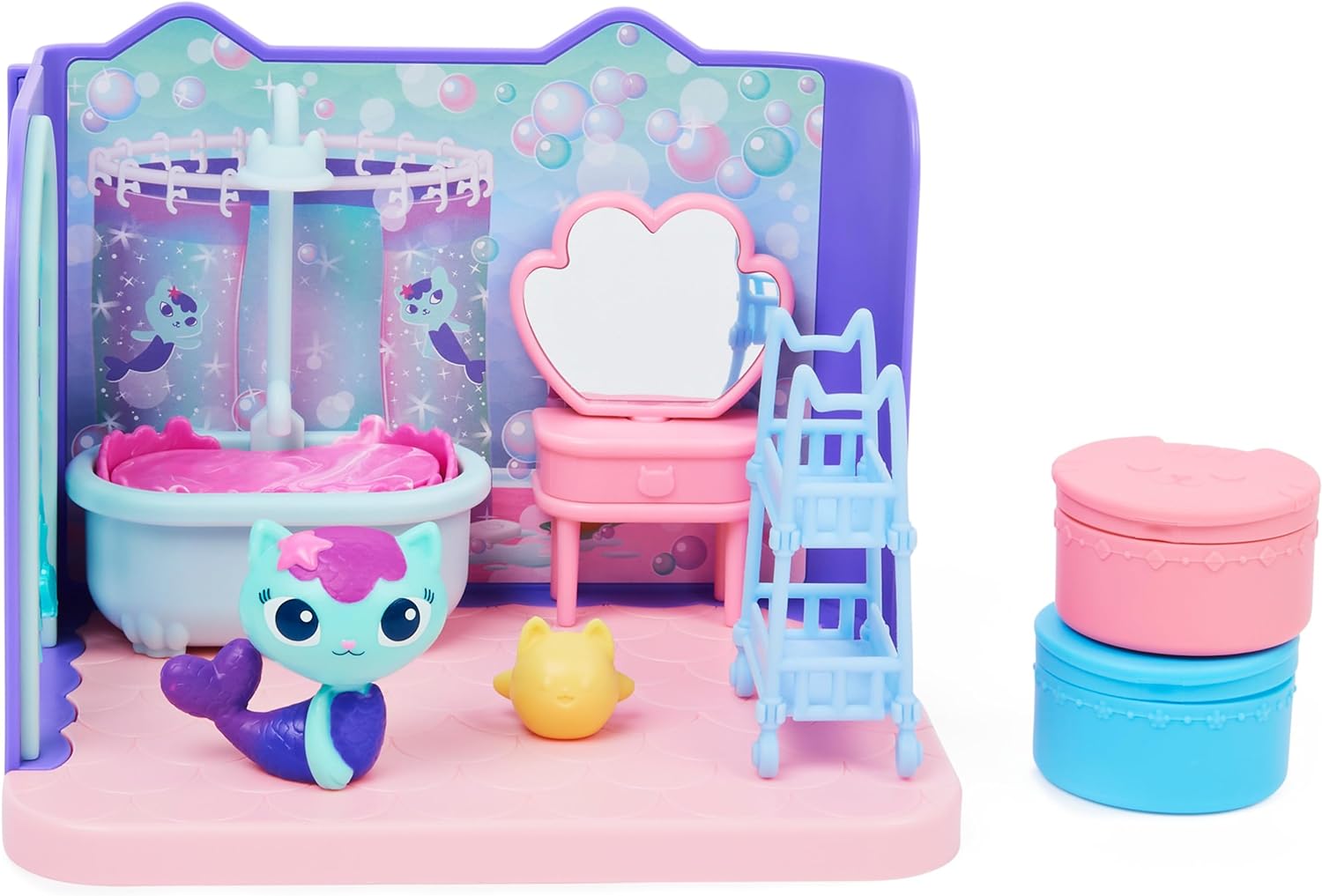 GABBY'S DOLLHOUSE, PRIMP AND PAMPER - BAÑO CON FIGURA DE MERCAT, 3 ACCESORIOS, 3 MUEBLES Y 2 ENTREGAS - 1