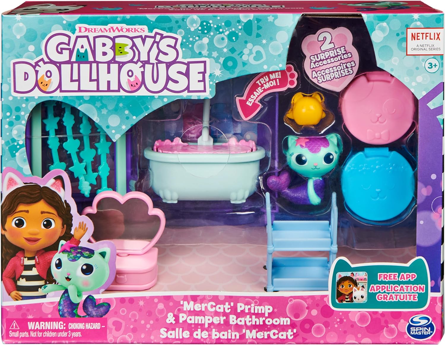 GABBY'S DOLLHOUSE, PRIMP AND PAMPER - BAÑO CON FIGURA DE MERCAT, 3 ACCESORIOS, 3 MUEBLES Y 2 ENTREGAS - 2