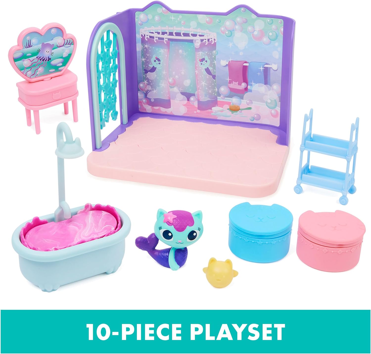 GABBY'S DOLLHOUSE, PRIMP AND PAMPER - BAÑO CON FIGURA DE MERCAT, 3 ACCESORIOS, 3 MUEBLES Y 2 ENTREGAS - 3
