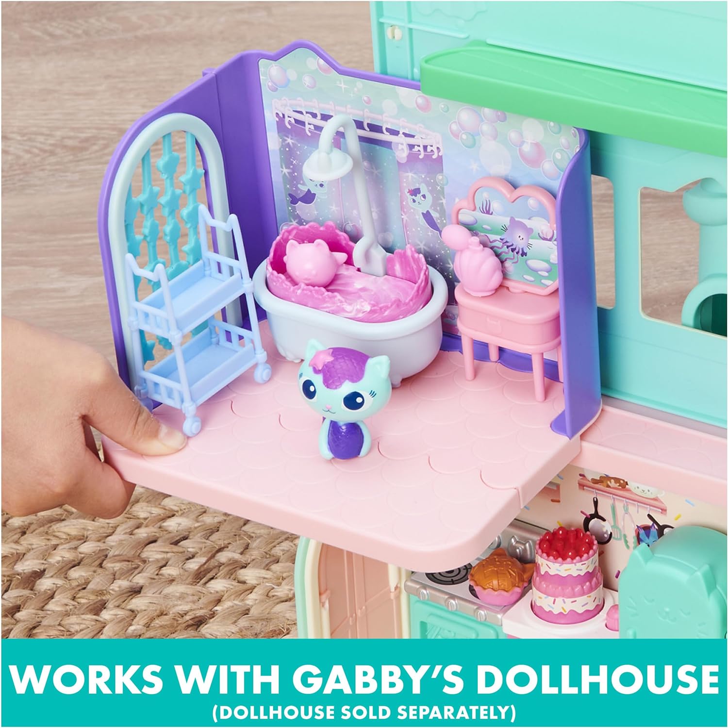 GABBY'S DOLLHOUSE, PRIMP AND PAMPER - BAÑO CON FIGURA DE MERCAT, 3 ACCESORIOS, 3 MUEBLES Y 2 ENTREGAS - 4