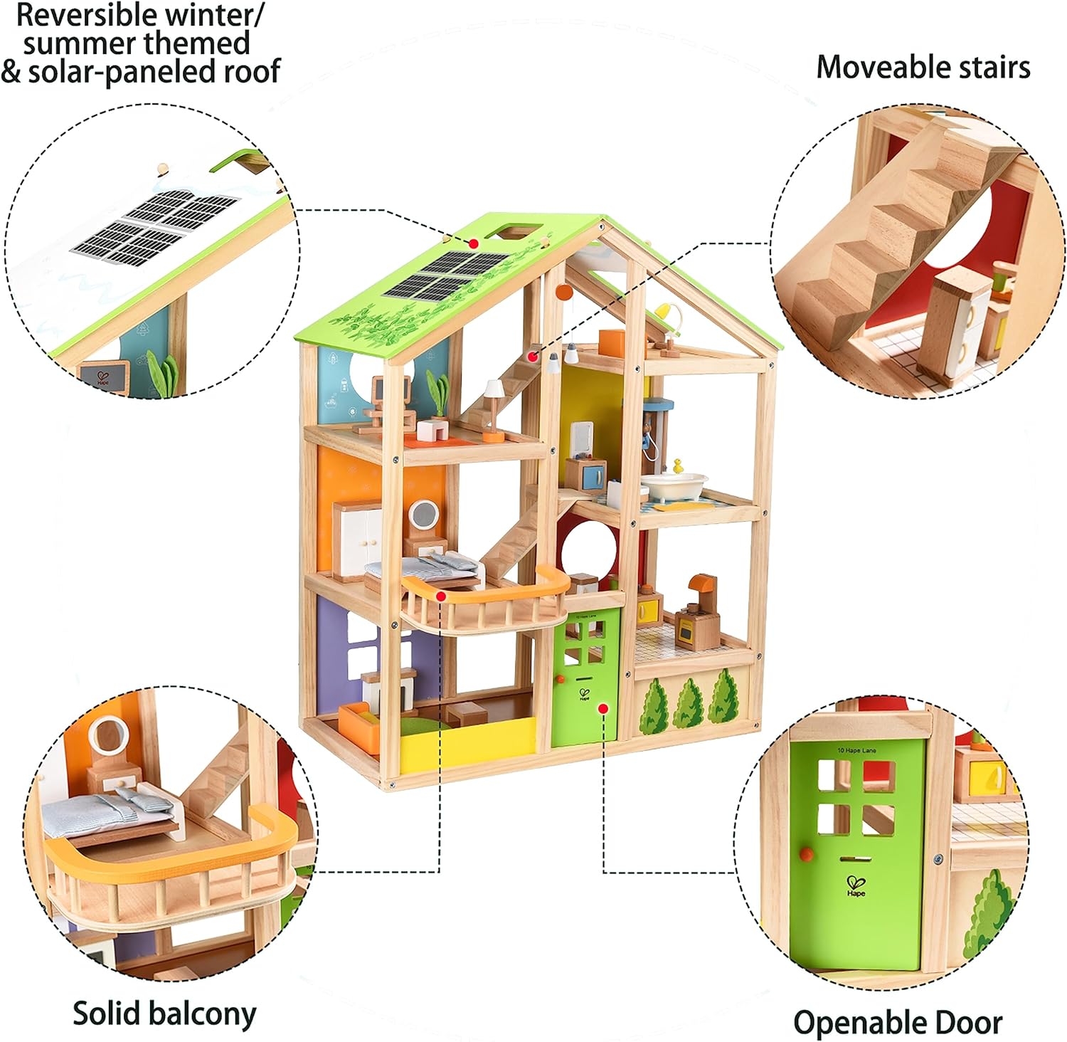 CASA DE MUÑECAS DE MADERA 'ALL SEASONS' AMOBLADA CON ACCESORIOS PARA NIÑOS DE HAPE - 4