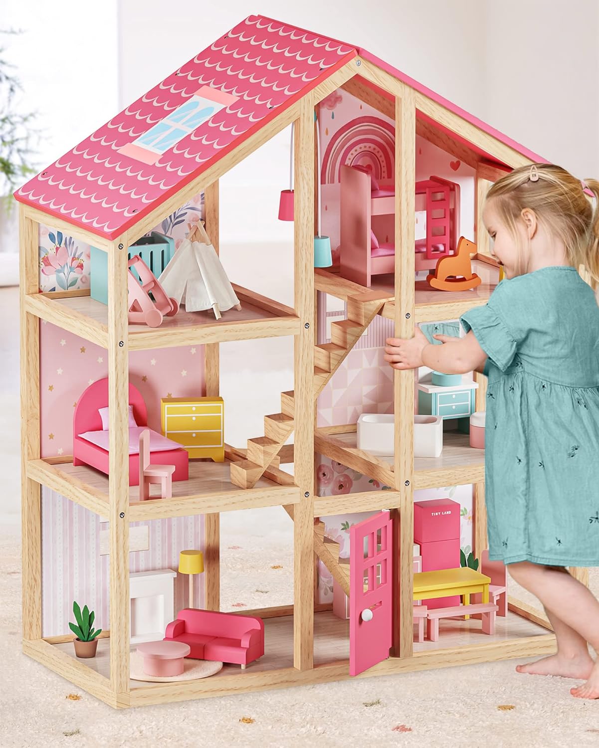TINY LAND CASA DE MUÑECAS DE MADERA PARA NIÑAS, 6 HABITACIONES, CASA DE ENSUEÑO DE BRICOLAJE CON 30 ACCESORIOS DE MUEBLES - 1