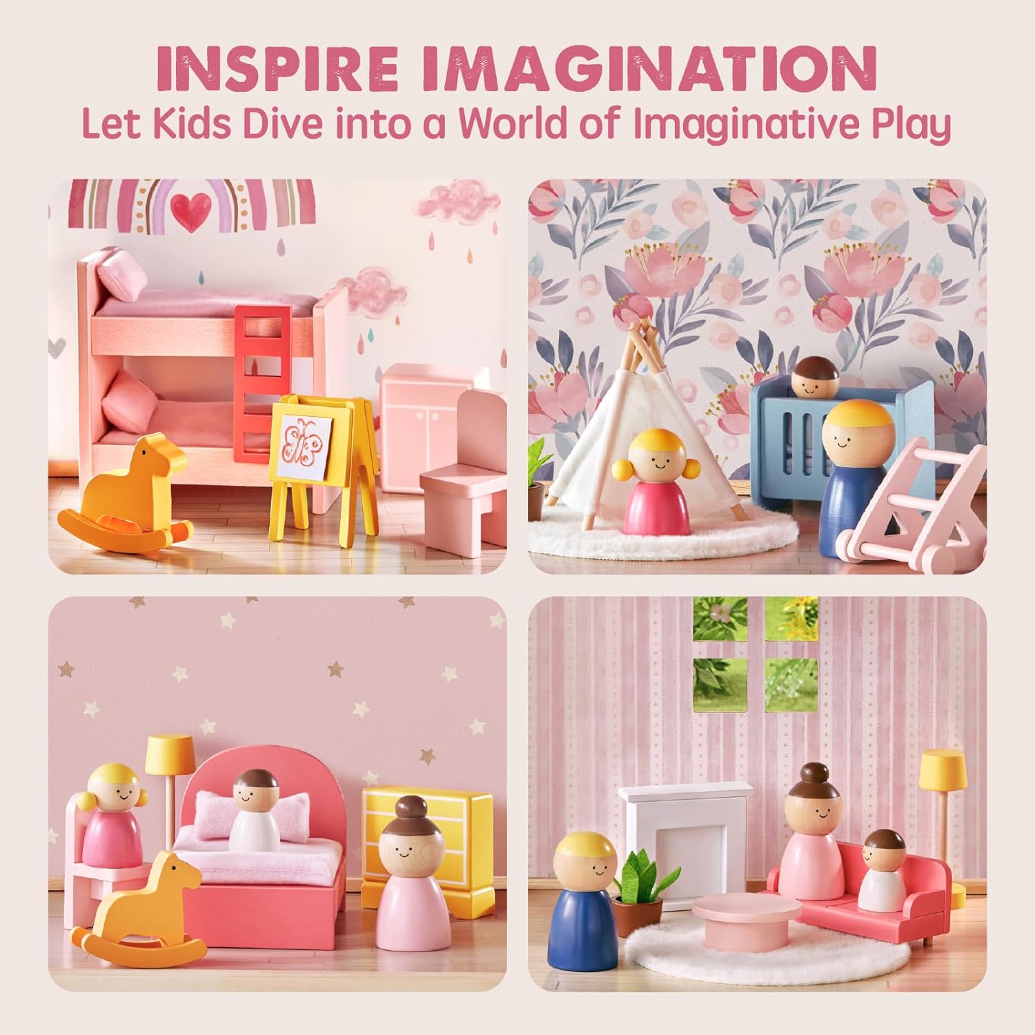 TINY LAND CASA DE MUÑECAS DE MADERA PARA NIÑAS, 6 HABITACIONES, CASA DE ENSUEÑO DE BRICOLAJE CON 30 ACCESORIOS DE MUEBLES - 4