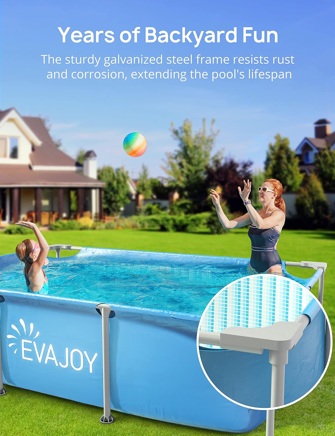 EVAJOY PISCINA CON MARCO DE METAL DE 85 X 23 X 59 ', PISCINA RECTANGULAR SOBRE EL SUELO CON MARCO DE ACERO, PVC RESISTENTE - 4