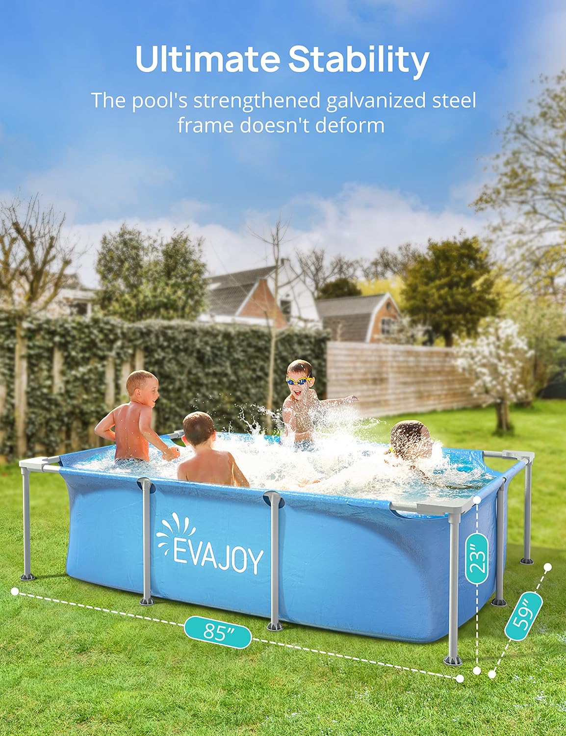 EVAJOY PISCINA CON MARCO DE METAL DE 85 X 23 X 59 ', PISCINA RECTANGULAR SOBRE EL SUELO CON MARCO DE ACERO, PVC RESISTENTE - 5
