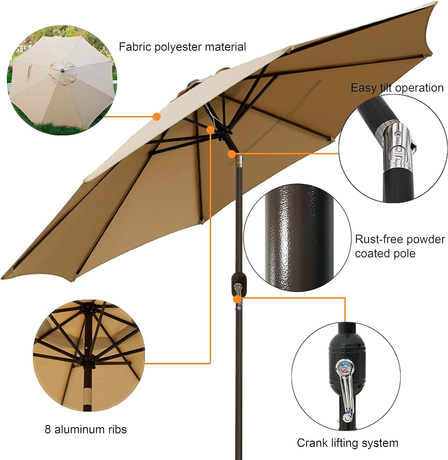 BLISSUN - SOMBRILLA DE ALUMINIO PARA PATIO Y EXTERIORES, CON INCLINACIÓN DE BOTÓN Y MANIVELA, DE 9 PIES, CON DISEÑO A RAYAS - 2