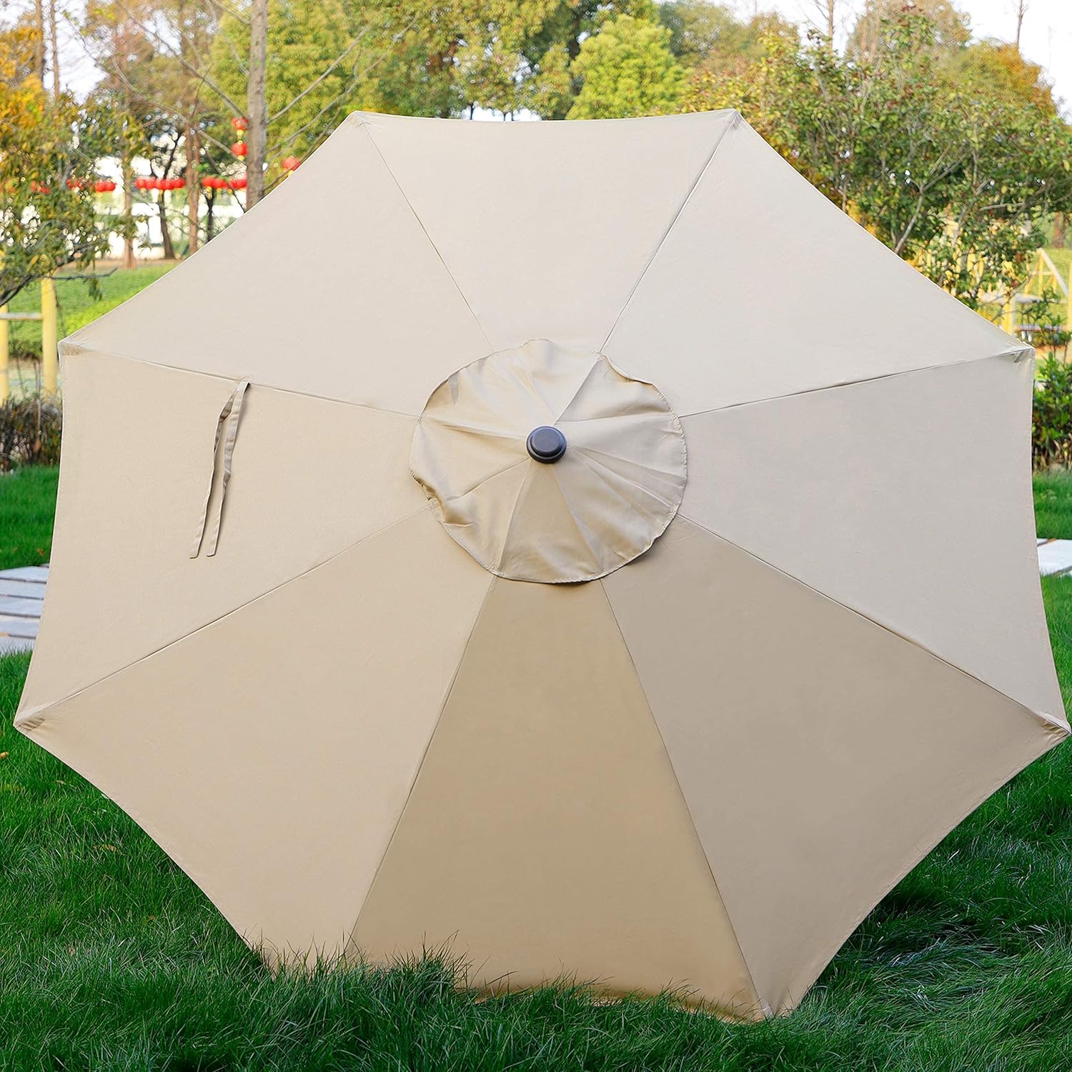 BLISSUN - SOMBRILLA DE ALUMINIO PARA PATIO Y EXTERIORES, CON INCLINACIÓN DE BOTÓN Y MANIVELA, DE 9 PIES, CON DISEÑO A RAYAS - 4