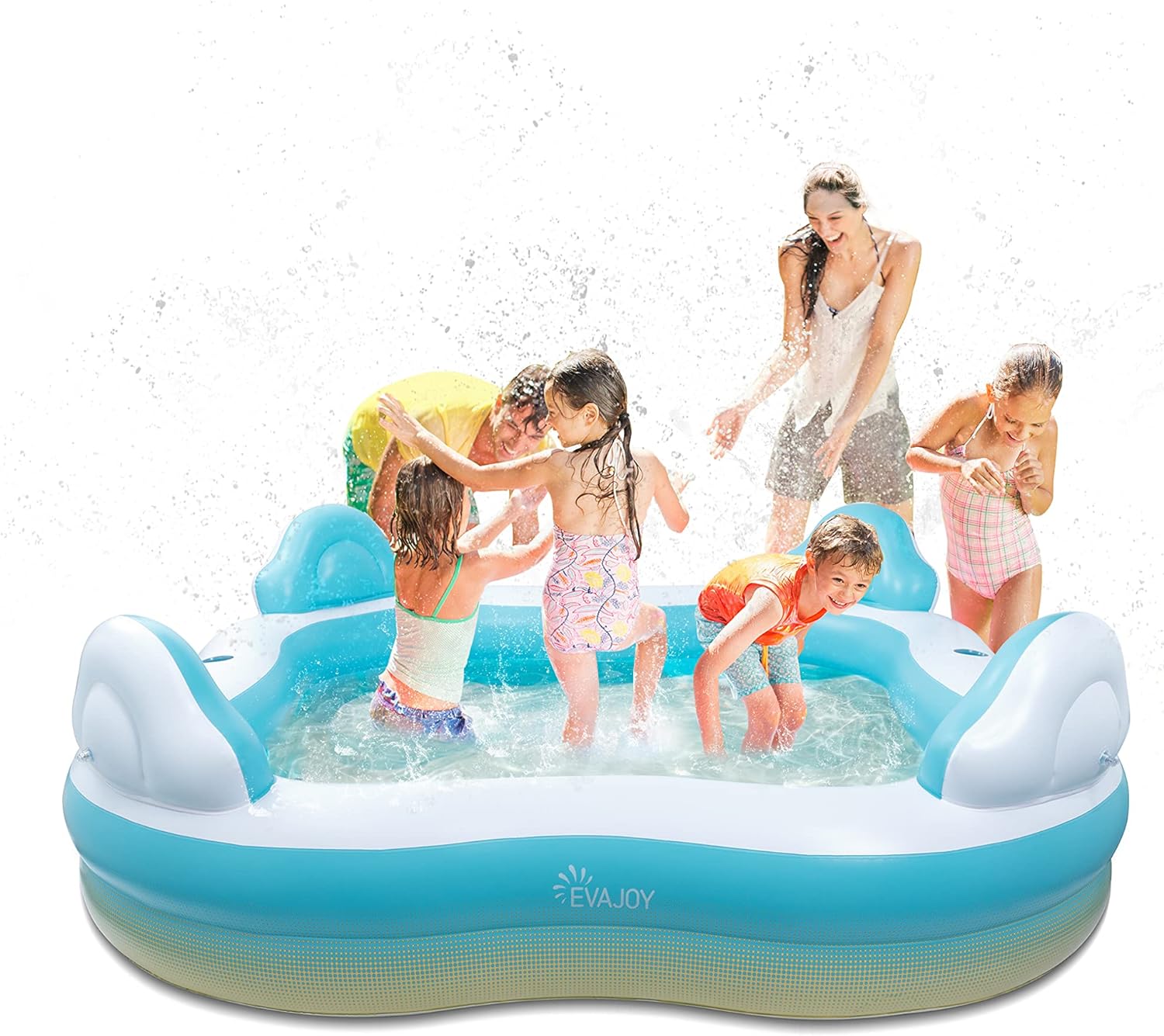 EVAJOY - PISCINA INFLABLE PARA NIÑOS, ADULTOS, PISCINA SOBRE EL SUELO DE TAMAÑO FAMILIAR CON 4 ASIENTOS, 4 RESPALDOS, PORTAVASOS - 1