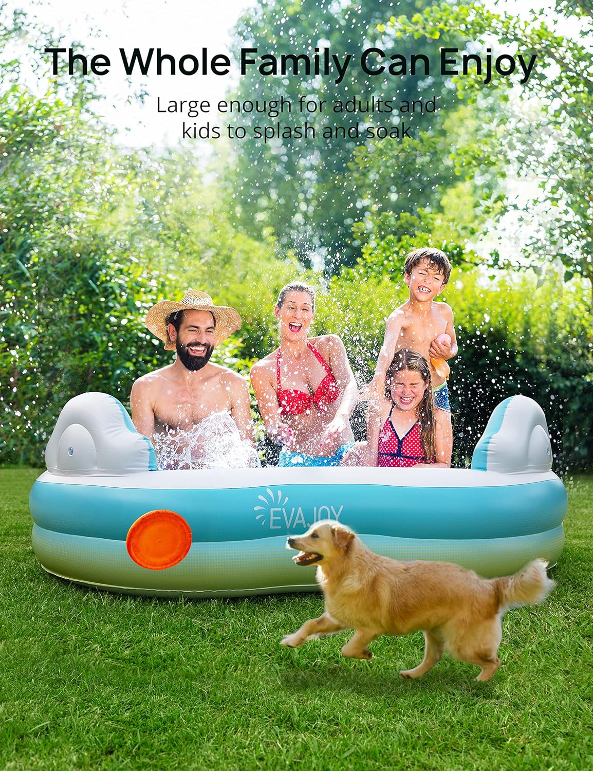 EVAJOY - PISCINA INFLABLE PARA NIÑOS, ADULTOS, PISCINA SOBRE EL SUELO DE TAMAÑO FAMILIAR CON 4 ASIENTOS, 4 RESPALDOS, PORTAVASOS - 2