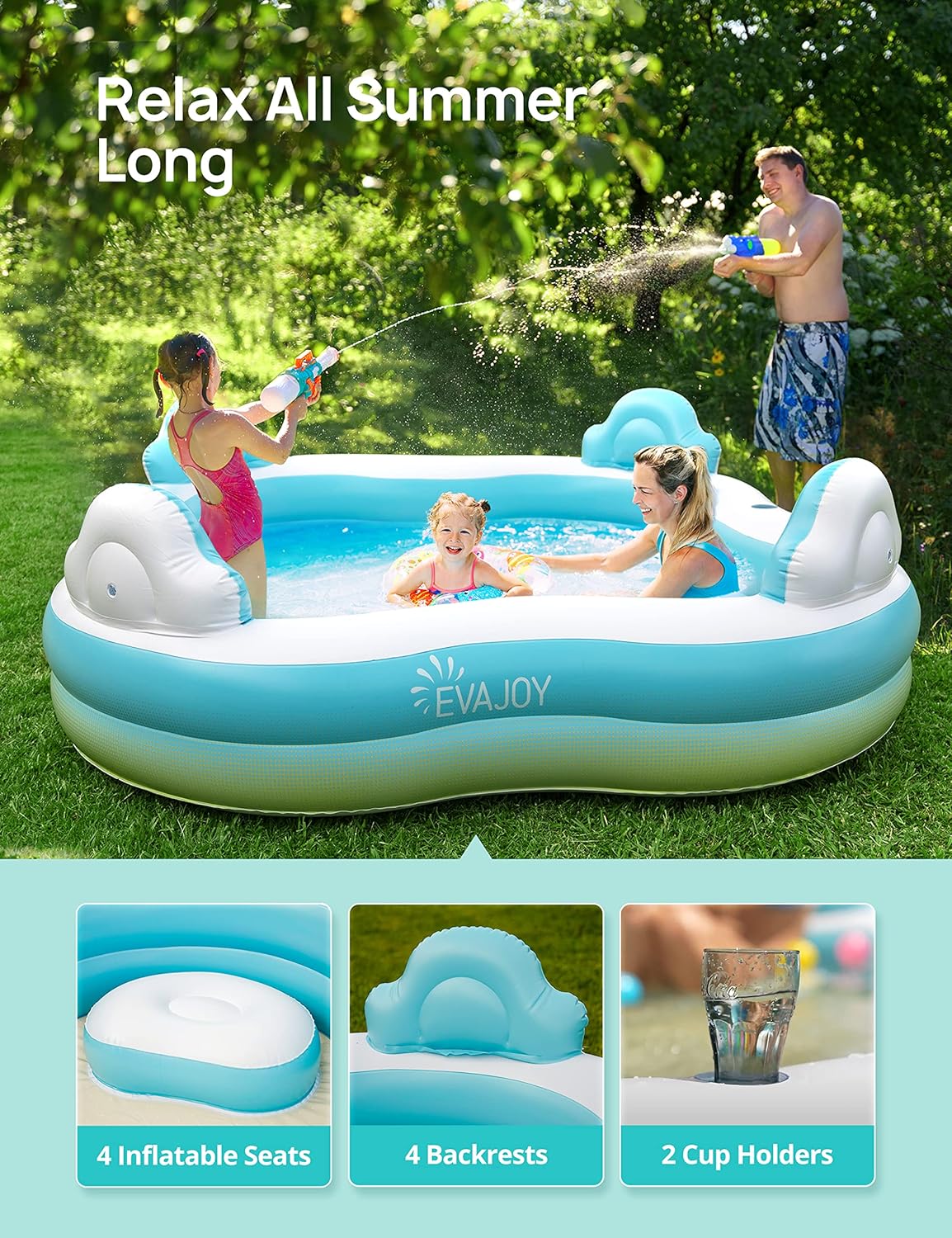 EVAJOY - PISCINA INFLABLE PARA NIÑOS, ADULTOS, PISCINA SOBRE EL SUELO DE TAMAÑO FAMILIAR CON 4 ASIENTOS, 4 RESPALDOS, PORTAVASOS - 3