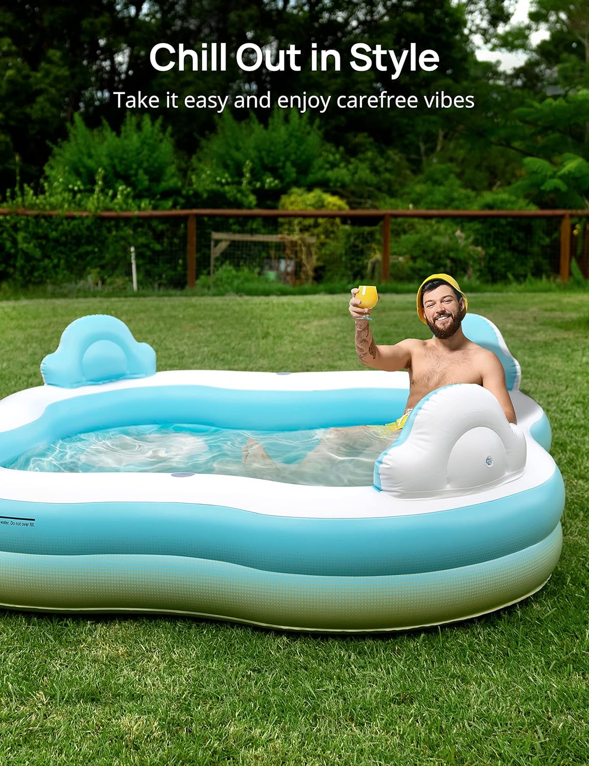 EVAJOY - PISCINA INFLABLE PARA NIÑOS, ADULTOS, PISCINA SOBRE EL SUELO DE TAMAÑO FAMILIAR CON 4 ASIENTOS, 4 RESPALDOS, PORTAVASOS - 4