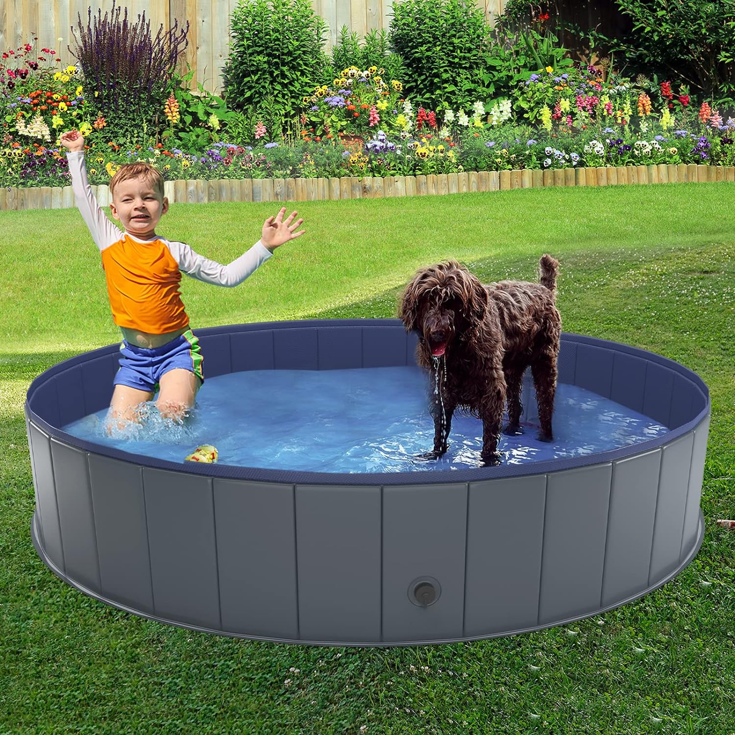 NIUBYA - PISCINA CANINA PLEGABLE DE PLÁSTICO DURO, BAÑERA PORTÁTIL PARA NIÑOS PERROS Y GATOS, PARA VADEO DE MASCOTAS, 63 X 12' - 4