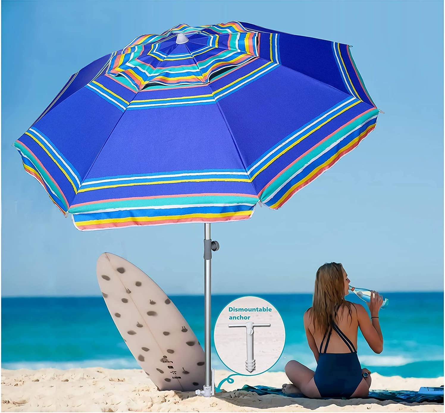 AMMSUN SOMBRILLA DE PLAYA RESISTENTE DE 7 PIES CON ANCLAJE DE ARENA Y REFUGIO SOLAR INCLINABLE, PROTECCIÓN UV 50+ - 5