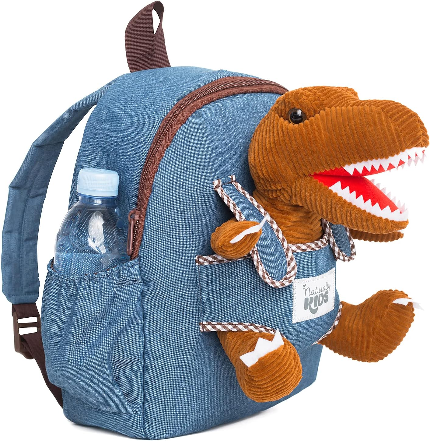NATURALLY KIDS MOCHILAS - PARA NIÑOS Y NIÑAS CON ANIMALES DE PELUCHE - REGALOS DE 3, 4, 5 AÑOS, BROWN T-REX, MOCHILA MEDIANA - 1