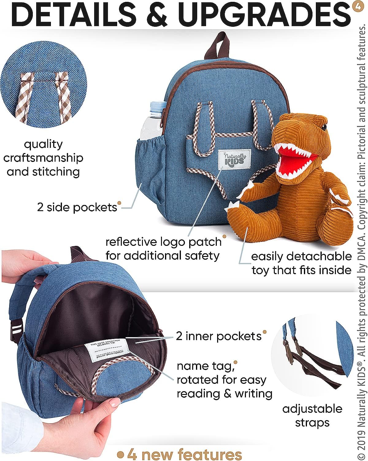 NATURALLY KIDS MOCHILAS - PARA NIÑOS Y NIÑAS CON ANIMALES DE PELUCHE - REGALOS DE 3, 4, 5 AÑOS, BROWN T-REX, MOCHILA MEDIANA - 3
