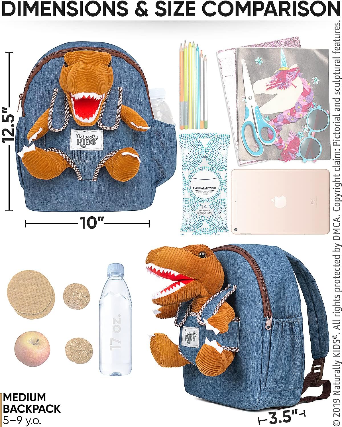NATURALLY KIDS MOCHILAS - PARA NIÑOS Y NIÑAS CON ANIMALES DE PELUCHE - REGALOS DE 3, 4, 5 AÑOS, BROWN T-REX, MOCHILA MEDIANA - 4