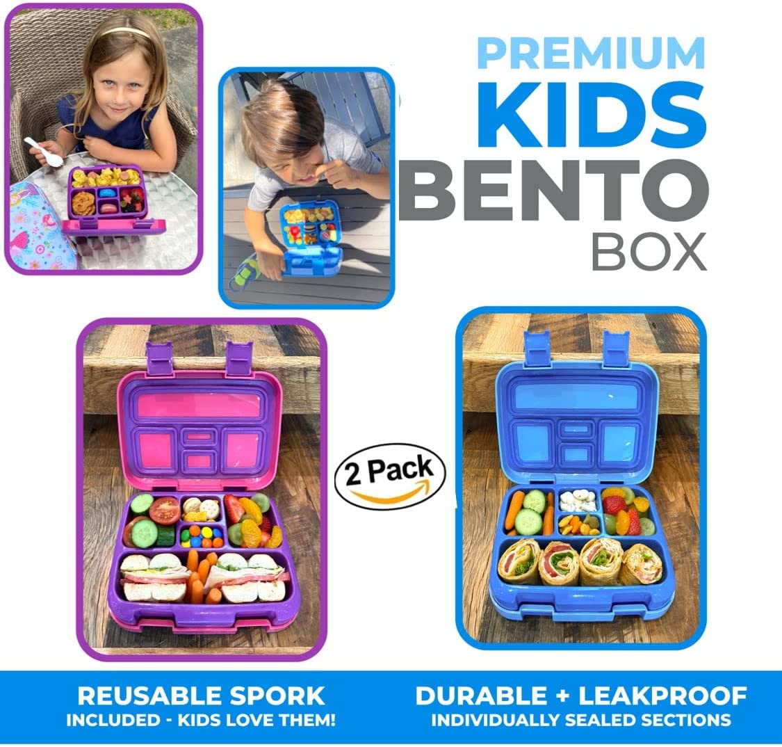 LONCHERA BENTO PARA NIÑOS Y NIÑAS, 5 SECCIONES DE PORCIONES PAQUETE DE 2 - 2