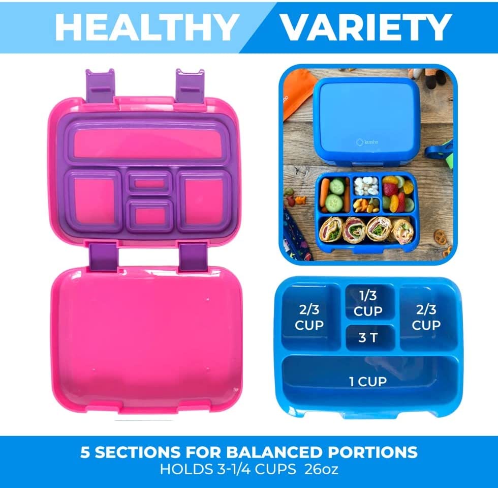 LONCHERA BENTO PARA NIÑOS Y NIÑAS, 5 SECCIONES DE PORCIONES PAQUETE DE 2 - 5