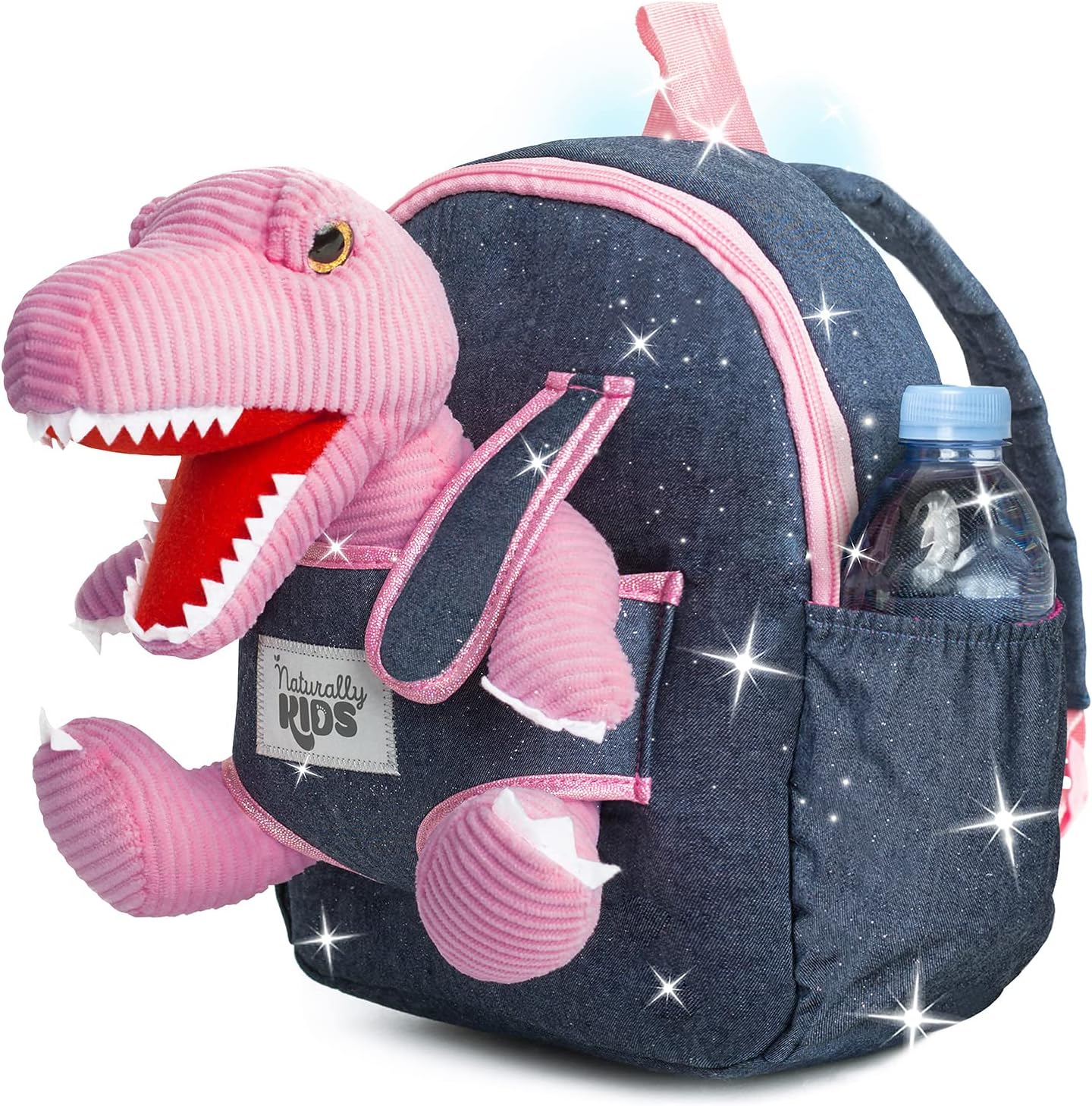 NATURALLY KIDS MOCHILAS - PARA NIÑOS Y NIÑAS CON ANIMALES DE PELUCHE - REGALOS DE 3, 4, 5 AÑOS, ROSA T-REX, MOCHILA MEDIANA - 1