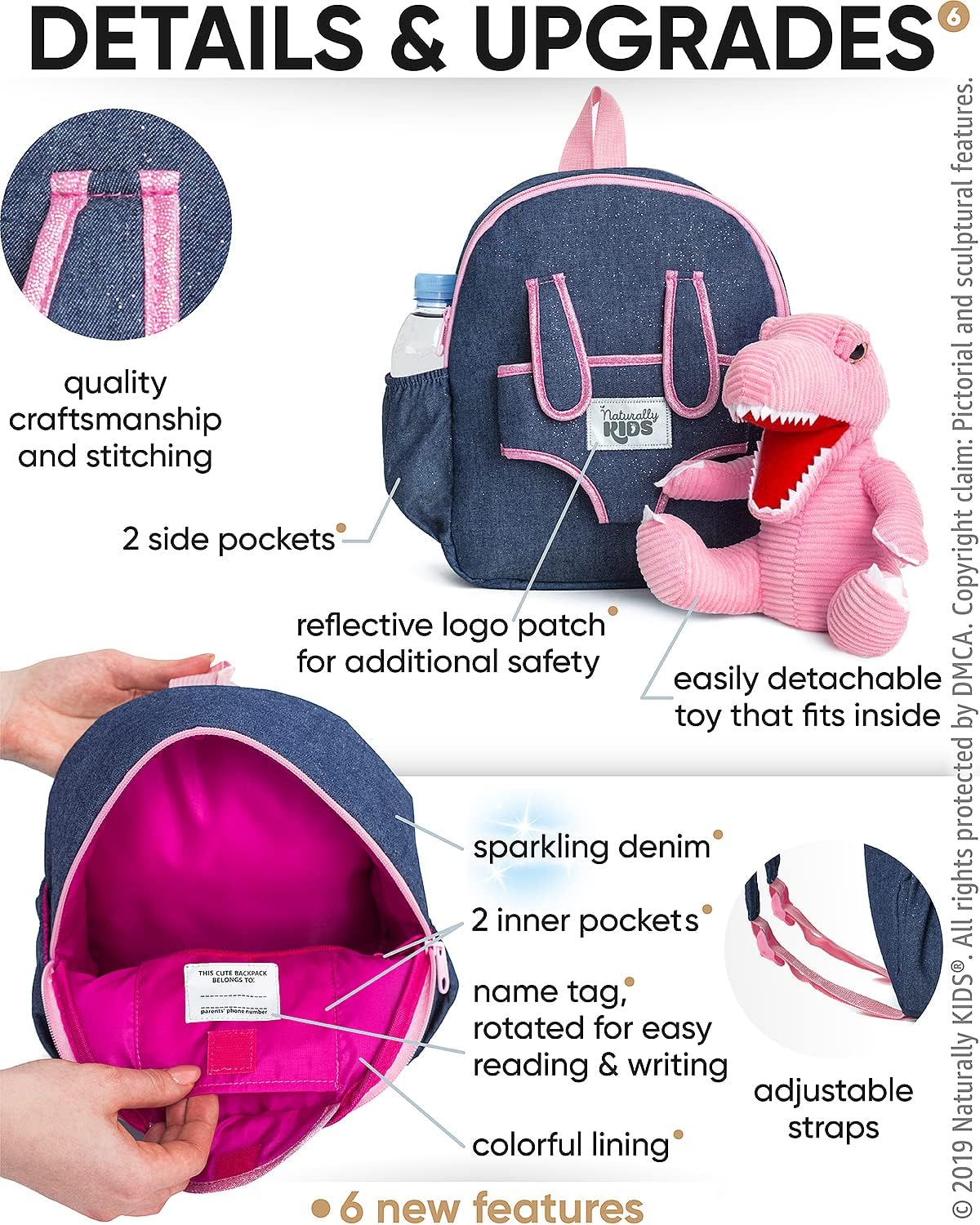 NATURALLY KIDS MOCHILAS - PARA NIÑOS Y NIÑAS CON ANIMALES DE PELUCHE - REGALOS DE 3, 4, 5 AÑOS, ROSA T-REX, MOCHILA MEDIANA - 3