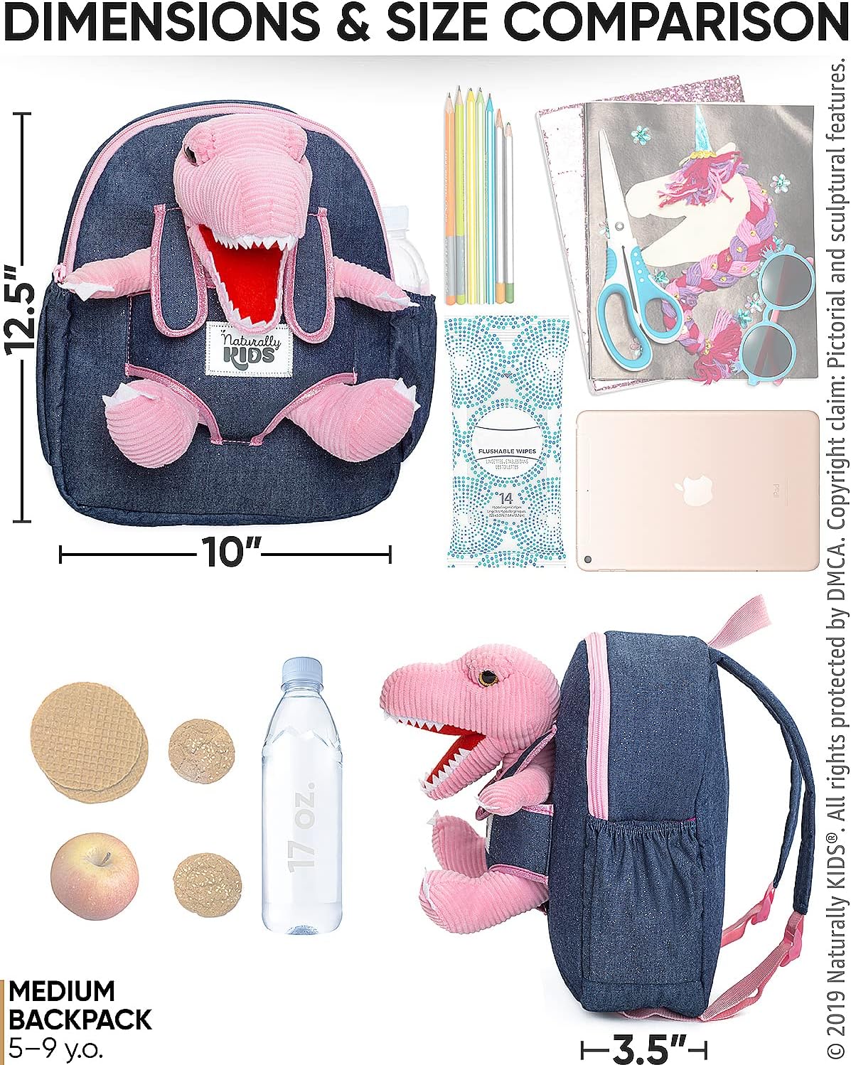 NATURALLY KIDS MOCHILAS - PARA NIÑOS Y NIÑAS CON ANIMALES DE PELUCHE - REGALOS DE 3, 4, 5 AÑOS, ROSA T-REX, MOCHILA MEDIANA - 4