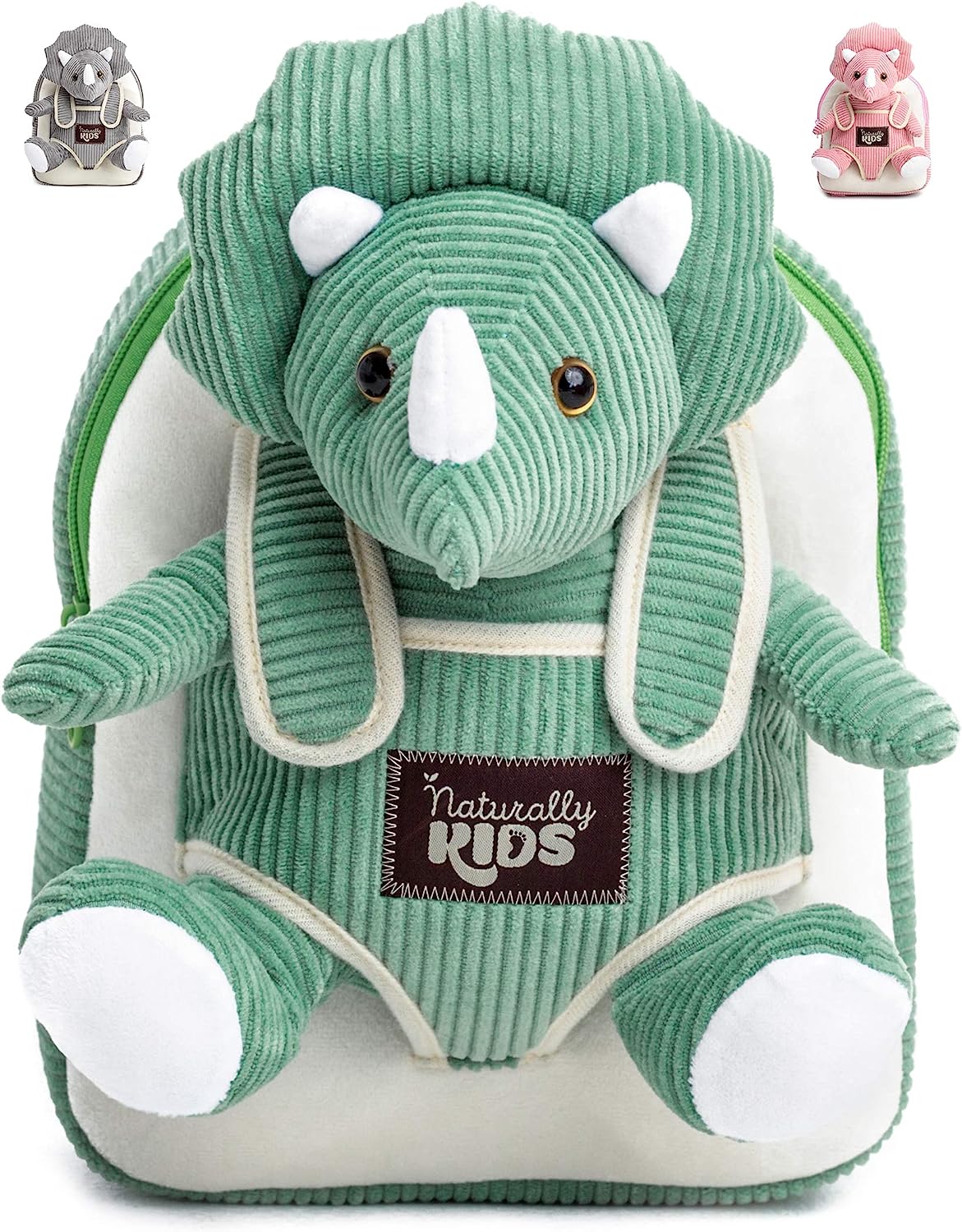 NATURALLY KIDS MOCHILAS - PARA NIÑOS Y NIÑAS CON ANIMALES DE PELUCHE - REGALOS DE 3, 4, 5 AÑOS, TRICERATOPS VERDE,MOCHILA PEQUEÑA - 1