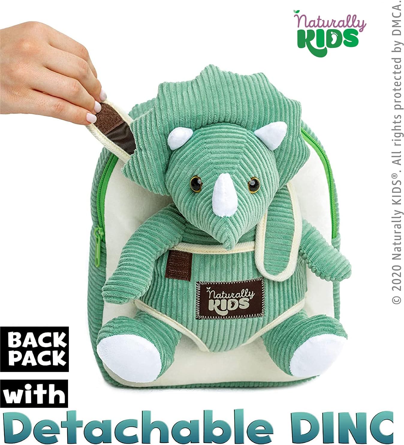 NATURALLY KIDS MOCHILAS - PARA NIÑOS Y NIÑAS CON ANIMALES DE PELUCHE - REGALOS DE 3, 4, 5 AÑOS, TRICERATOPS VERDE,MOCHILA PEQUEÑA - 2