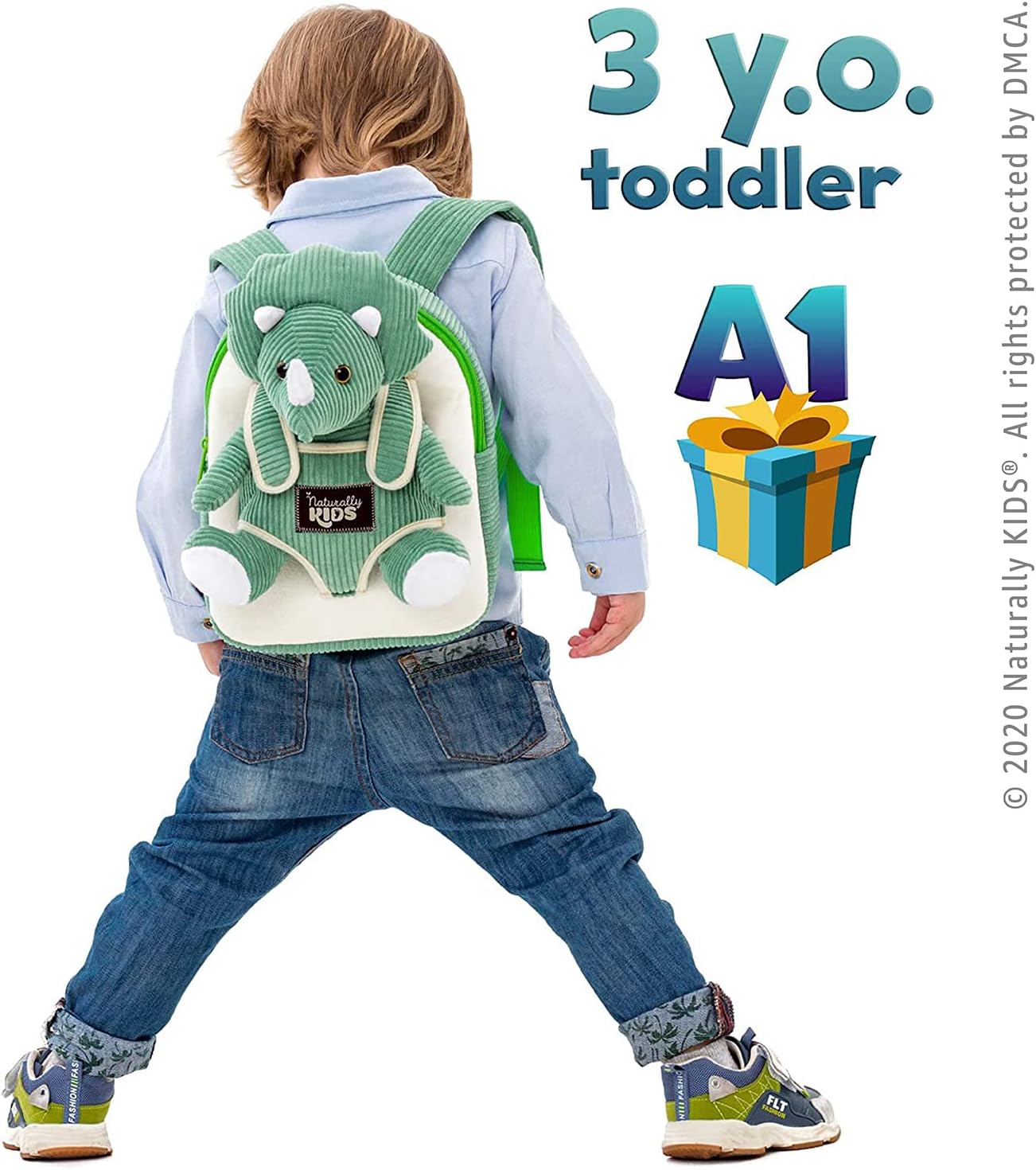 NATURALLY KIDS MOCHILAS - PARA NIÑOS Y NIÑAS CON ANIMALES DE PELUCHE - REGALOS DE 3, 4, 5 AÑOS, TRICERATOPS VERDE,MOCHILA PEQUEÑA - 3
