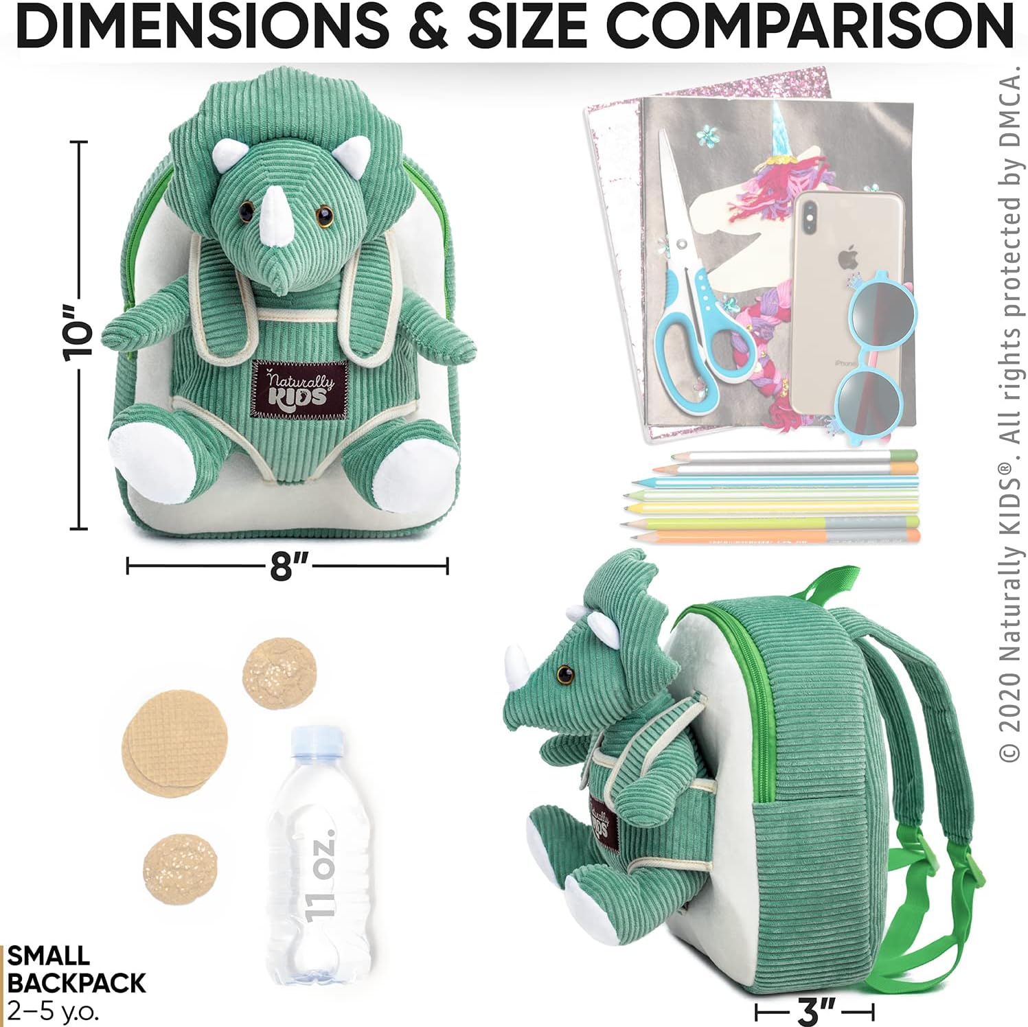 NATURALLY KIDS MOCHILAS - PARA NIÑOS Y NIÑAS CON ANIMALES DE PELUCHE - REGALOS DE 3, 4, 5 AÑOS, TRICERATOPS VERDE,MOCHILA PEQUEÑA - 4