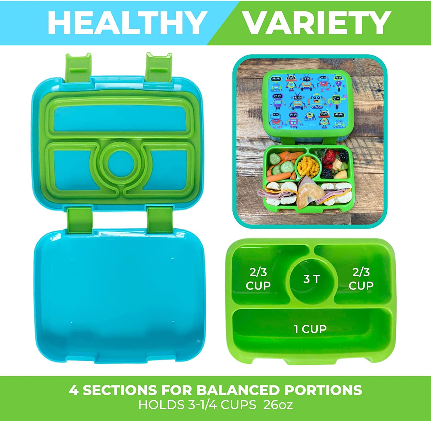 LONCHERA BENTO PARA NIÑOS PEQUEÑOS, 4 SECCIONES, TAPA SEGURA - 5