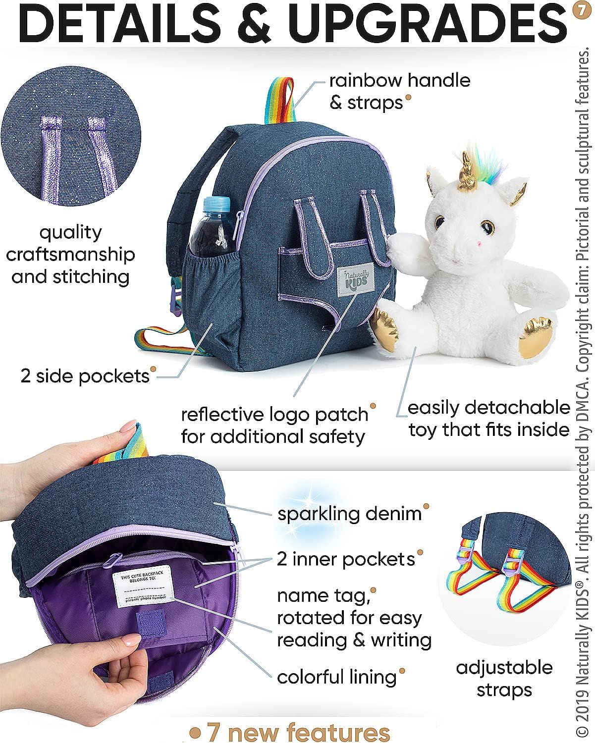 NATURALLY KIDS MOCHILAS -PARA NIÑOS Y NIÑAS CON ANIMALES DE PELUCHE-REGALOS DE 3, 4, 5 AÑOS, UNICORNIO BLANCO, MOCHILA MEDIANA - 3