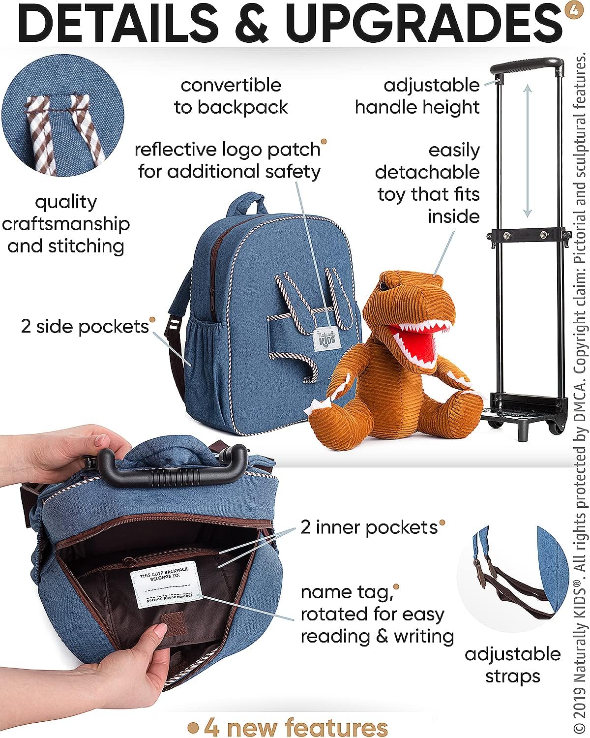 NATURALLY KIDS MOCHILAS - PARA NIÑOS Y NIÑAS CON ANIMALES DE PELUCHE - REGALOS DE 3, 4, 5 AÑOS, BOLE T-REX, BOLSA CON RUEDAS - 4