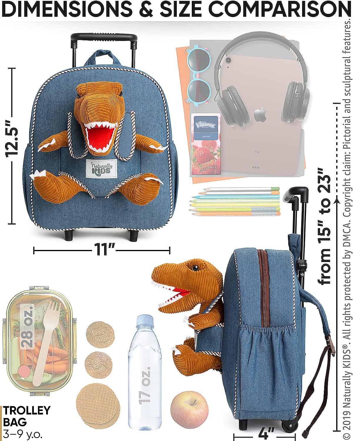 NATURALLY KIDS MOCHILAS - PARA NIÑOS Y NIÑAS CON ANIMALES DE PELUCHE - REGALOS DE 3, 4, 5 AÑOS, BOLE T-REX, BOLSA CON RUEDAS - 5