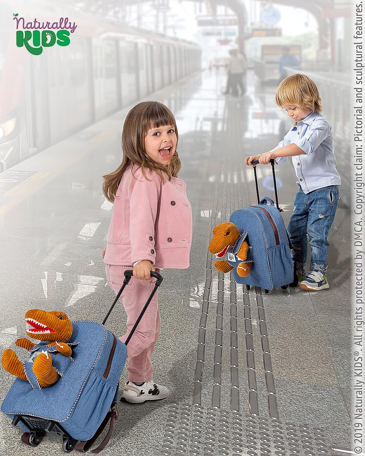 NATURALLY KIDS MOCHILAS - PARA NIÑOS Y NIÑAS CON ANIMALES DE PELUCHE - REGALOS DE 3, 4, 5 AÑOS, BOLE T-REX, BOLSA CON RUEDAS - 6