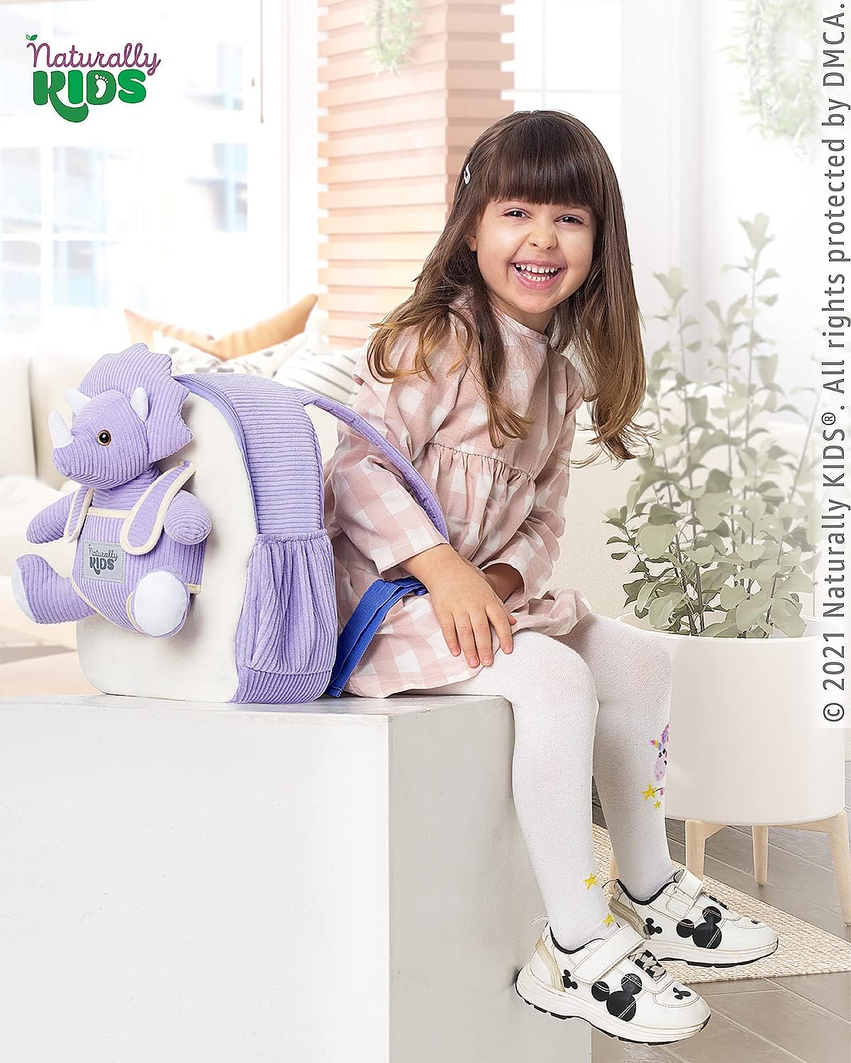 NATURALLY KIDS MOCHILAS - PARA NIÑOS Y NIÑAS CON ANIMALES DE PELUCHE - REGALOS DE 3,4,5 AÑOS,PURPLE TRICERATOPS, MOCHILA MEDIANA - 2