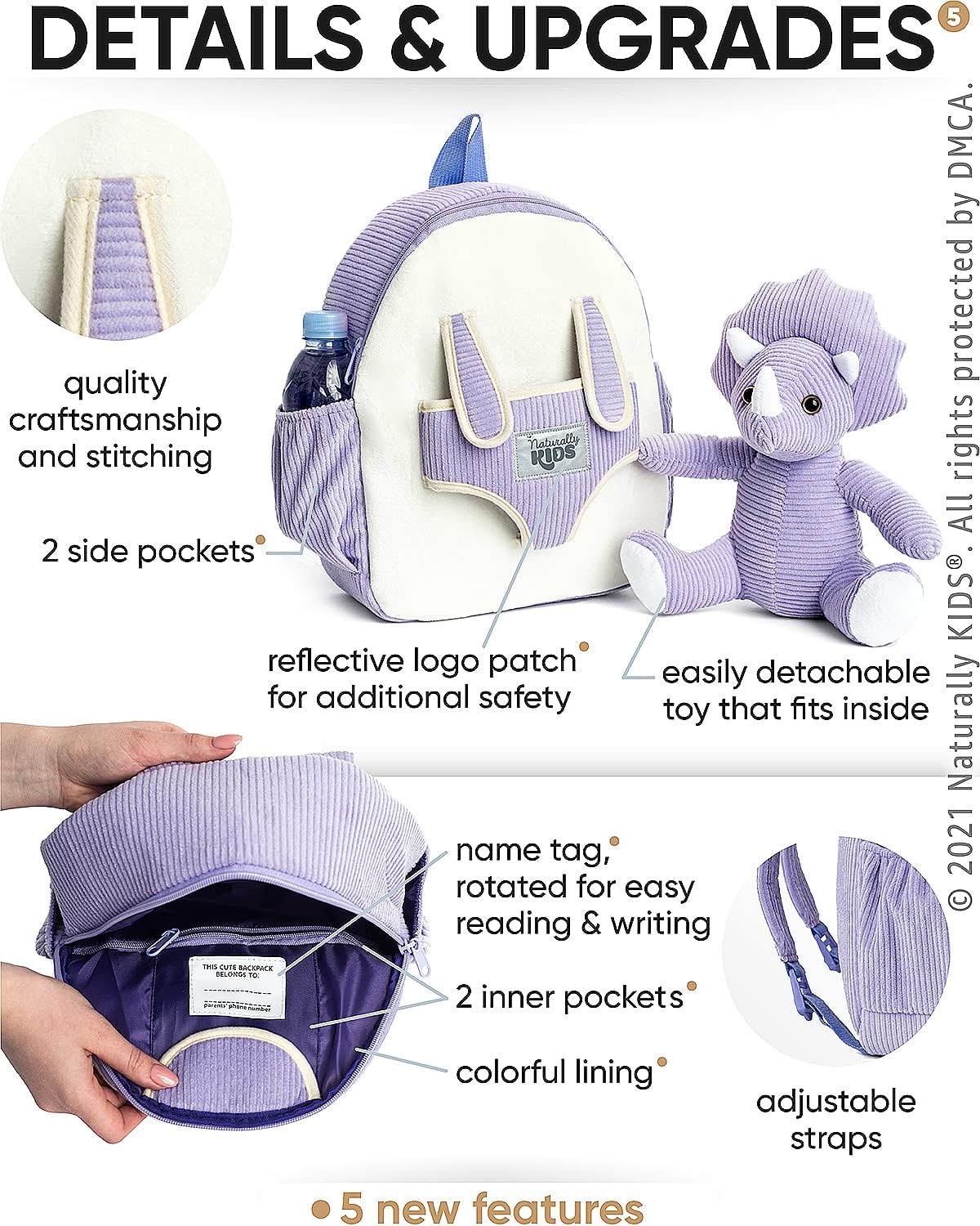 NATURALLY KIDS MOCHILAS - PARA NIÑOS Y NIÑAS CON ANIMALES DE PELUCHE - REGALOS DE 3,4,5 AÑOS,PURPLE TRICERATOPS, MOCHILA MEDIANA - 3