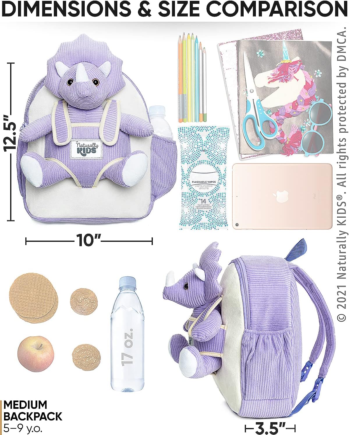 NATURALLY KIDS MOCHILAS - PARA NIÑOS Y NIÑAS CON ANIMALES DE PELUCHE - REGALOS DE 3,4,5 AÑOS,PURPLE TRICERATOPS, MOCHILA MEDIANA - 4