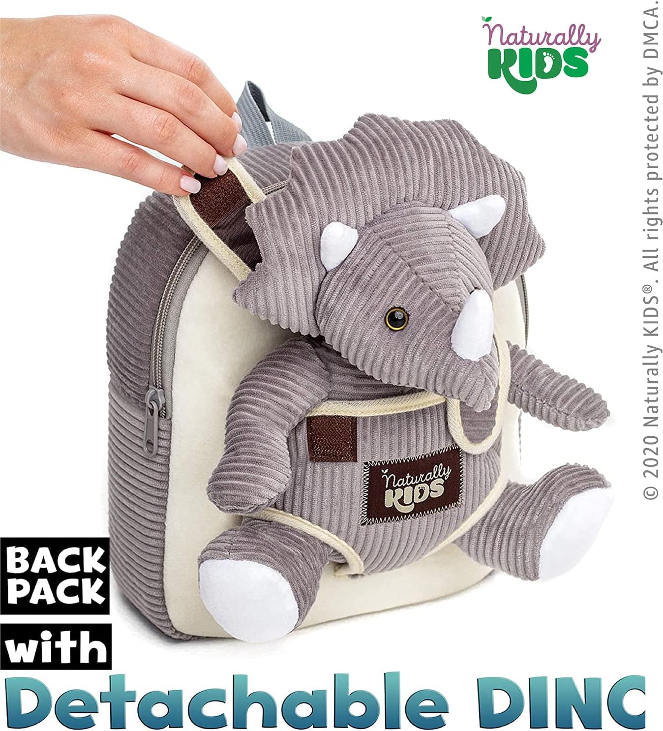 NATURALLY KIDS MOCHILAS - PARA NIÑOS Y NIÑAS CON ANIMALES DE PELUCHE - REGALOS DE 3, 4, 5 AÑOS, TRICERATOPS GRIS, MOCHILA PEQUEÑA - 2