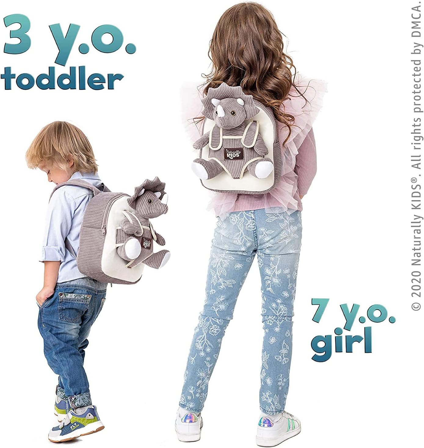 NATURALLY KIDS MOCHILAS - PARA NIÑOS Y NIÑAS CON ANIMALES DE PELUCHE - REGALOS DE 3, 4, 5 AÑOS, TRICERATOPS GRIS, MOCHILA PEQUEÑA - 3