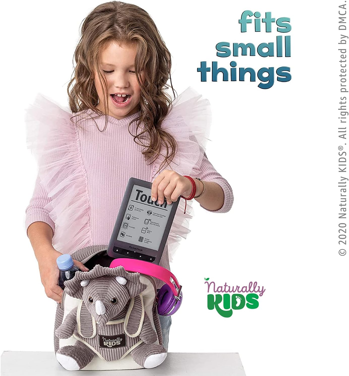 NATURALLY KIDS MOCHILAS - PARA NIÑOS Y NIÑAS CON ANIMALES DE PELUCHE - REGALOS DE 3, 4, 5 AÑOS, TRICERATOPS GRIS, MOCHILA PEQUEÑA - 4