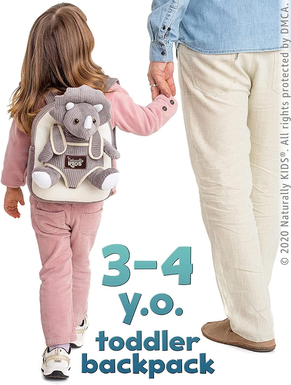 NATURALLY KIDS MOCHILAS - PARA NIÑOS Y NIÑAS CON ANIMALES DE PELUCHE - REGALOS DE 3, 4, 5 AÑOS, TRICERATOPS GRIS, MOCHILA PEQUEÑA - 5