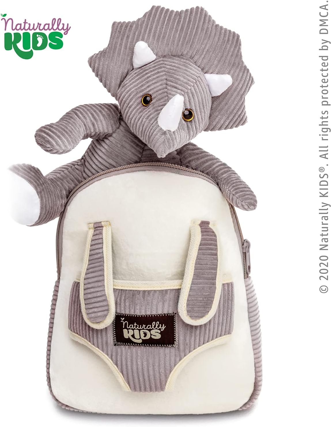 NATURALLY KIDS MOCHILAS - PARA NIÑOS Y NIÑAS CON ANIMALES DE PELUCHE - REGALOS DE 3, 4, 5 AÑOS, TRICERATOPS GRIS, MOCHILA PEQUEÑA - 6