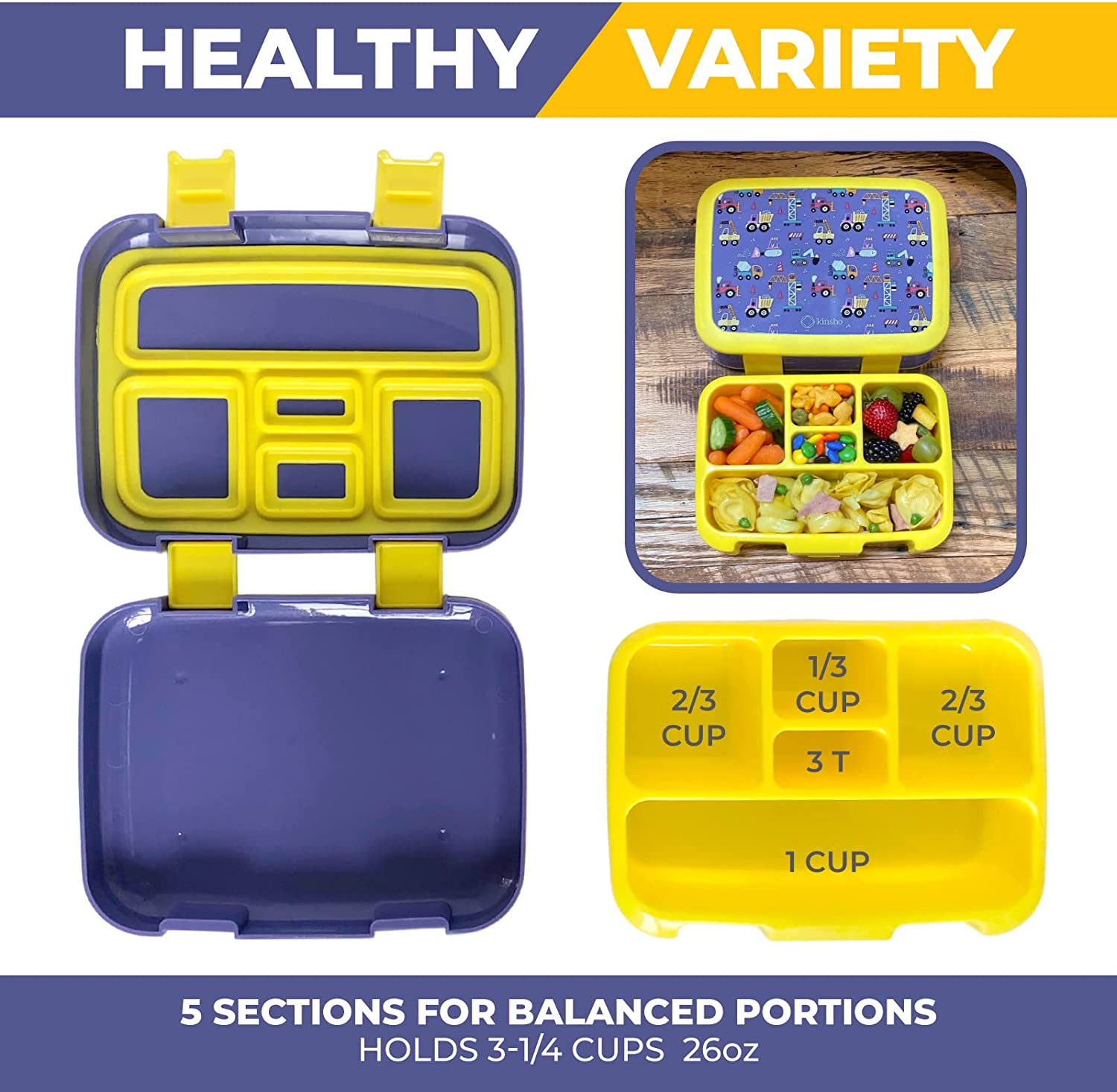 LONCHERA BENTO PARA NIÑOS PEQUEÑOS, 5 SECCIONES DE PORCIONES, TAPA SEGURA - 4