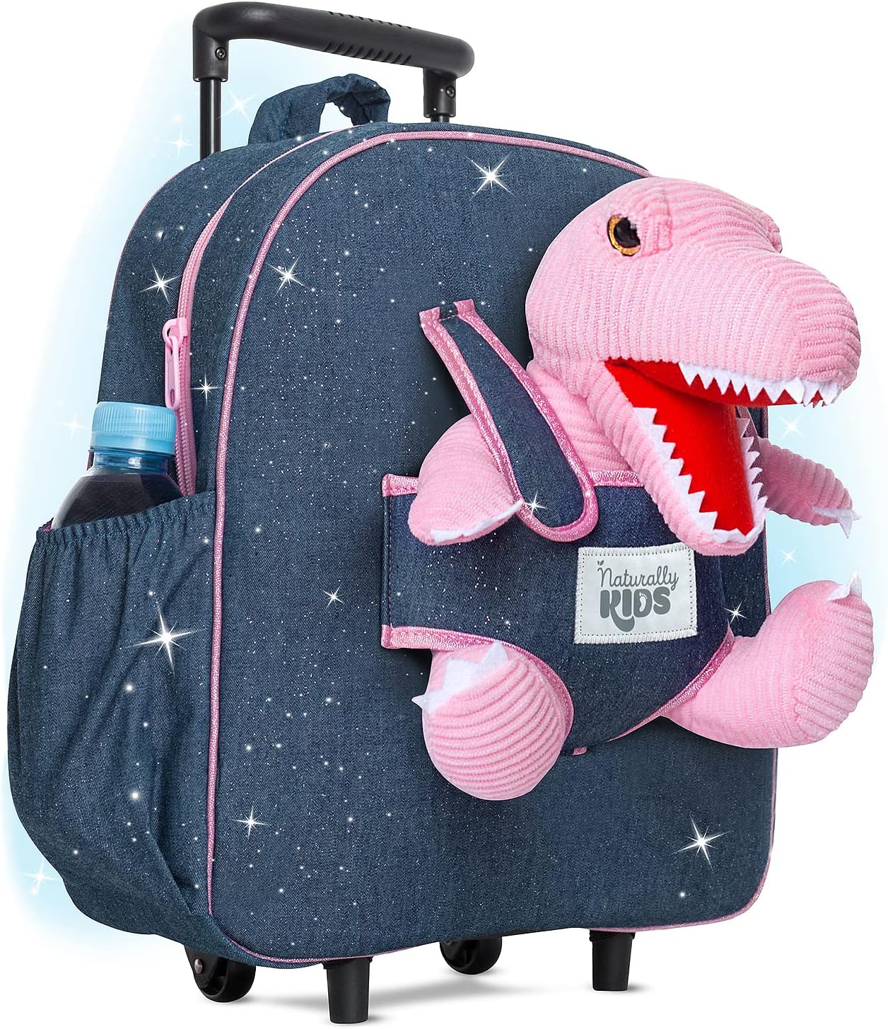 NATURALLY KIDS MOCHILAS - PARA NIÑOS Y NIÑAS CON ANIMALES DE PELUCHE - REGALOS DE 3, 4, 5 AÑOS, ROSE T-REX, BOLSA CON RUEDAS - 1