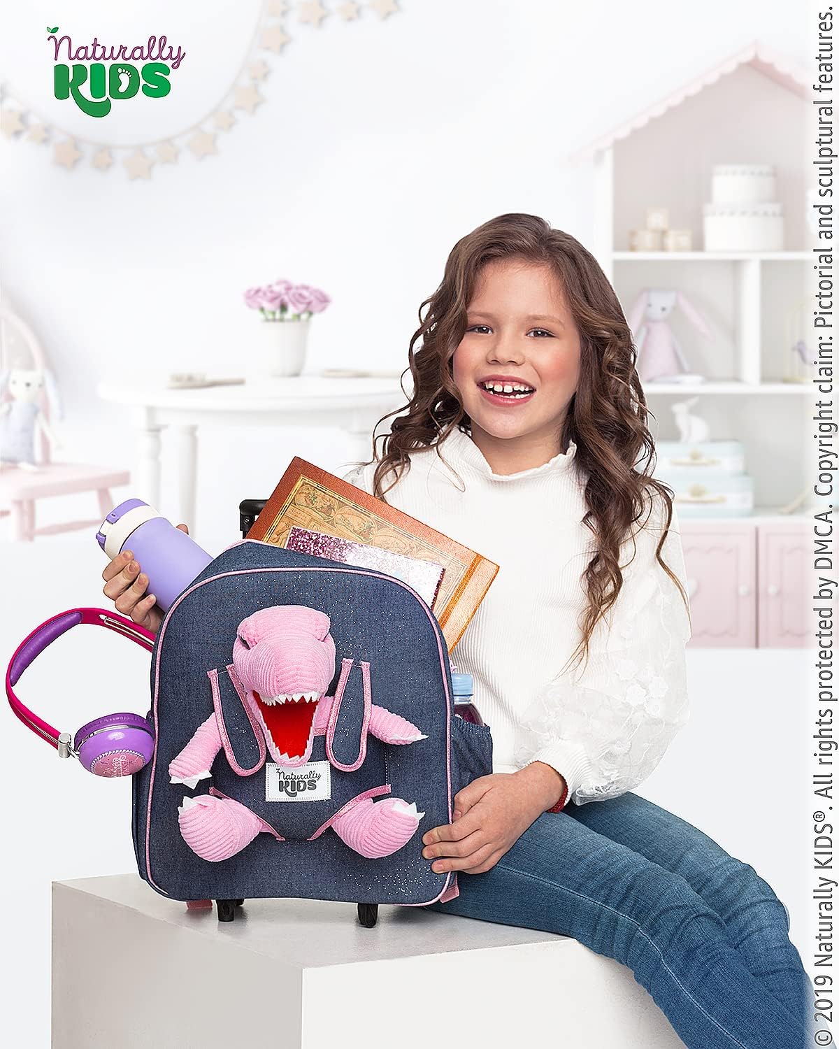 NATURALLY KIDS MOCHILAS - PARA NIÑOS Y NIÑAS CON ANIMALES DE PELUCHE - REGALOS DE 3, 4, 5 AÑOS, ROSE T-REX, BOLSA CON RUEDAS - 3