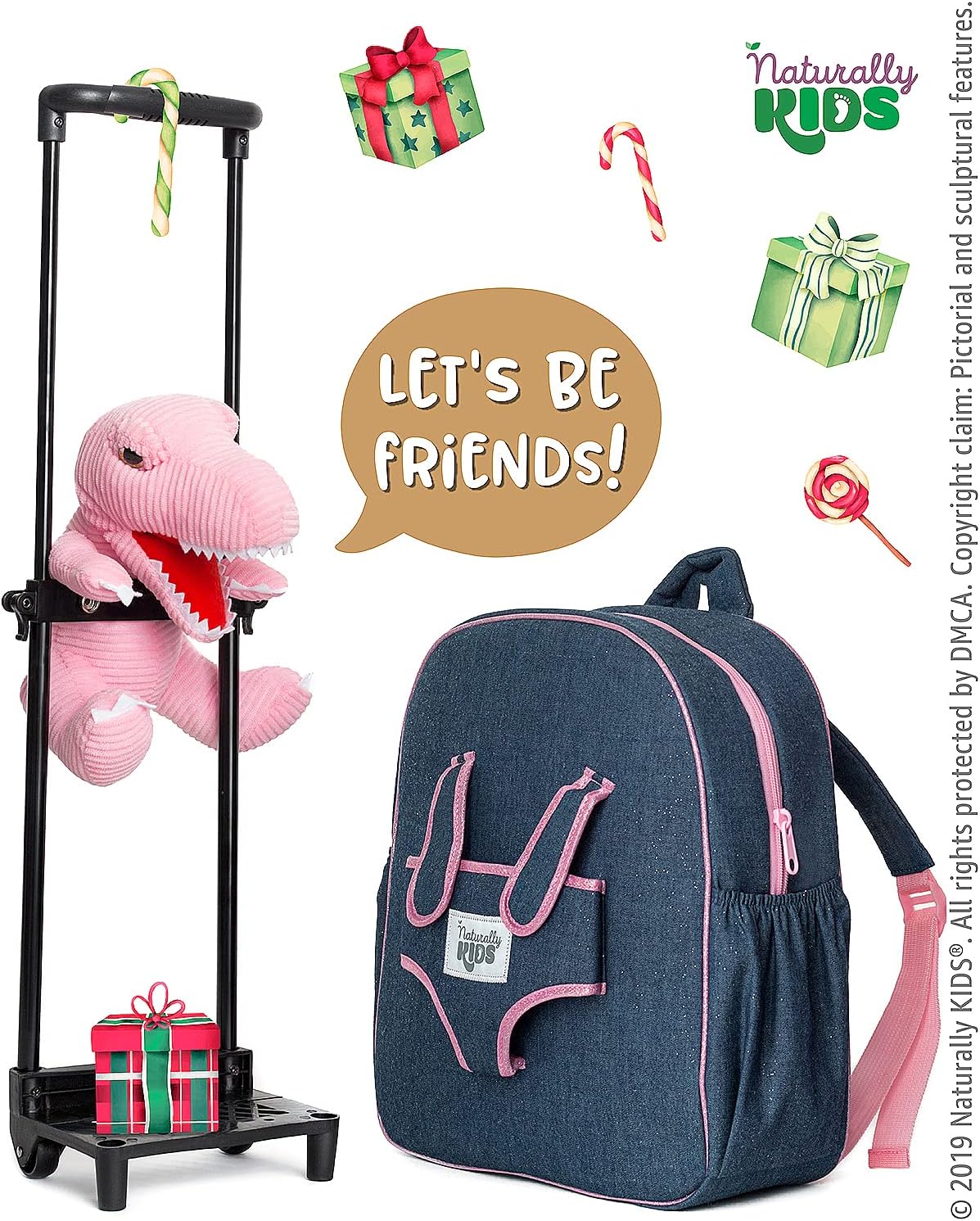 NATURALLY KIDS MOCHILAS - PARA NIÑOS Y NIÑAS CON ANIMALES DE PELUCHE - REGALOS DE 3, 4, 5 AÑOS, ROSE T-REX, BOLSA CON RUEDAS - 4