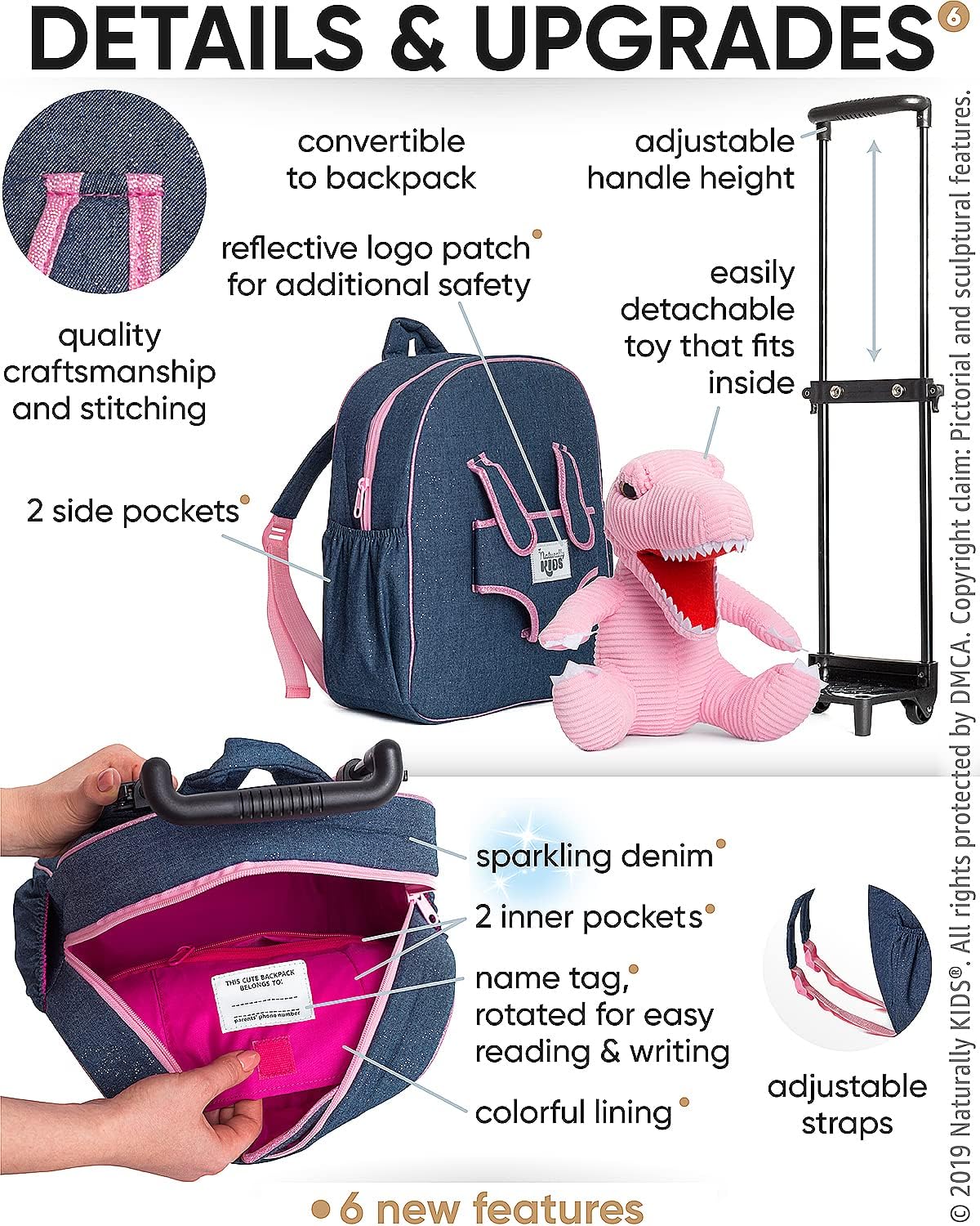 NATURALLY KIDS MOCHILAS - PARA NIÑOS Y NIÑAS CON ANIMALES DE PELUCHE - REGALOS DE 3, 4, 5 AÑOS, ROSE T-REX, BOLSA CON RUEDAS - 5