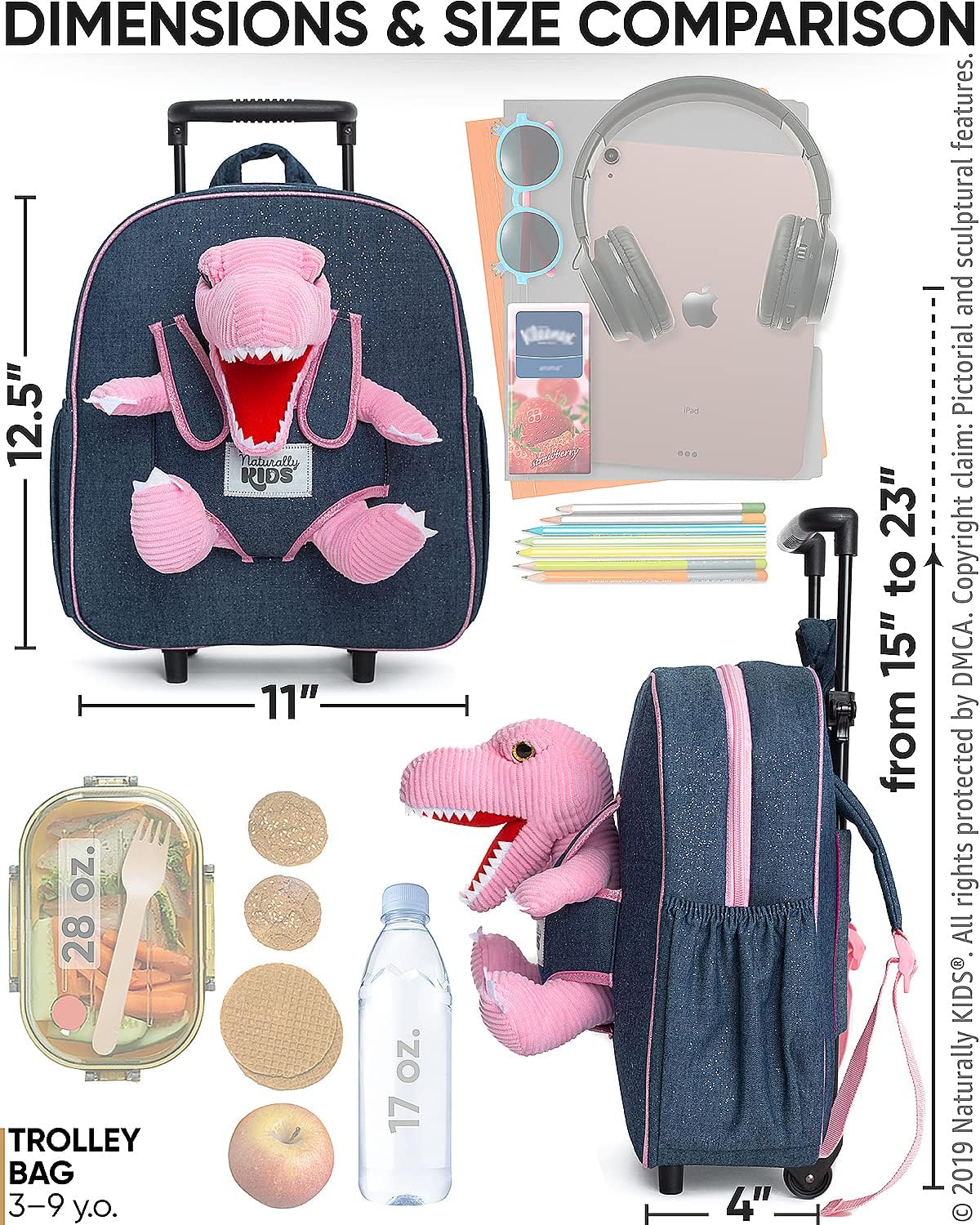 NATURALLY KIDS MOCHILAS - PARA NIÑOS Y NIÑAS CON ANIMALES DE PELUCHE - REGALOS DE 3, 4, 5 AÑOS, ROSE T-REX, BOLSA CON RUEDAS - 6