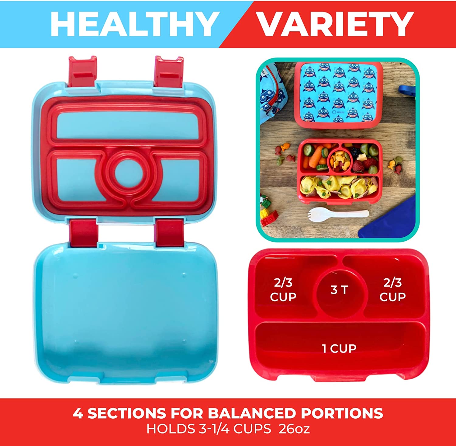 LONCHERA BENTO PARA NIÑOS PEQUEÑOS, TAPA SEGURA DE 4 PORCIONES - 5